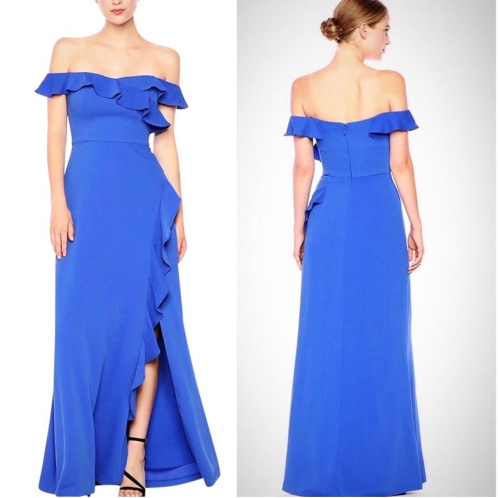 BCBGMAXAZRIA BLUEBERRY SIZE 16 off shoulder ruffle slit dress plus size